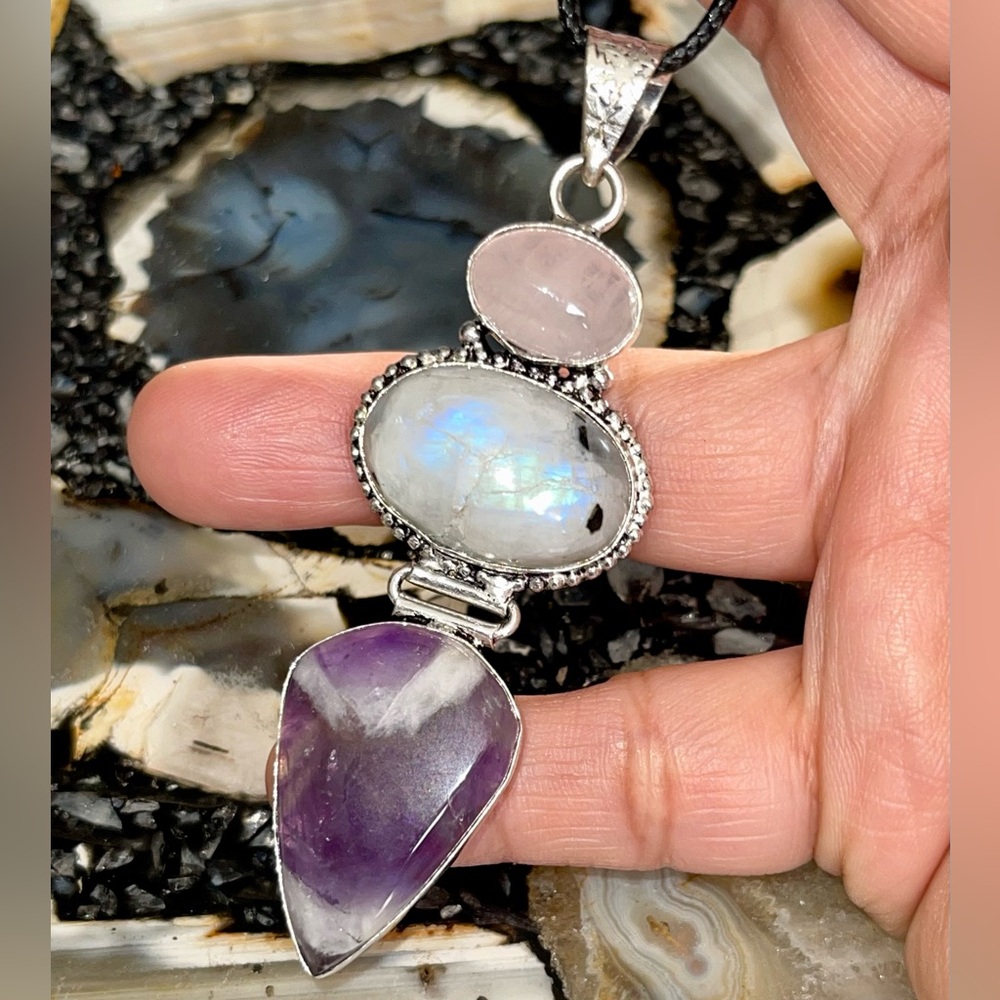 ❌SALE Crack Moonstone ❌ Rose Quartz, Amethyst Crystal Pendant 3 1/4” - Picture 7 of 17
